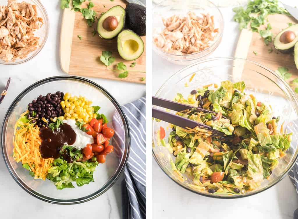 Two images showing the salad mixture being tossed with Ranch dressing and BBQ sauce.
