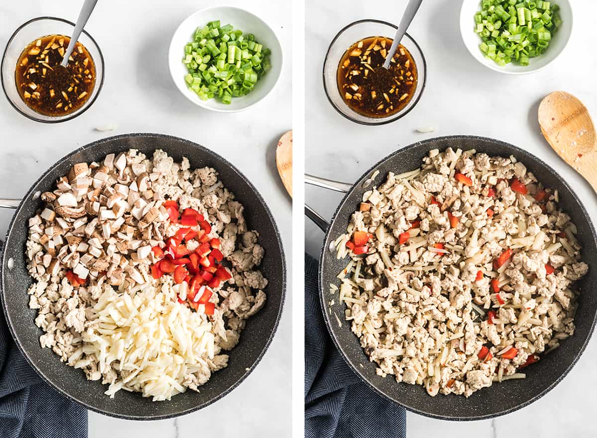 Ground chicken, mushrooms, bell pepper, and water chestnuts cook in a skillet.