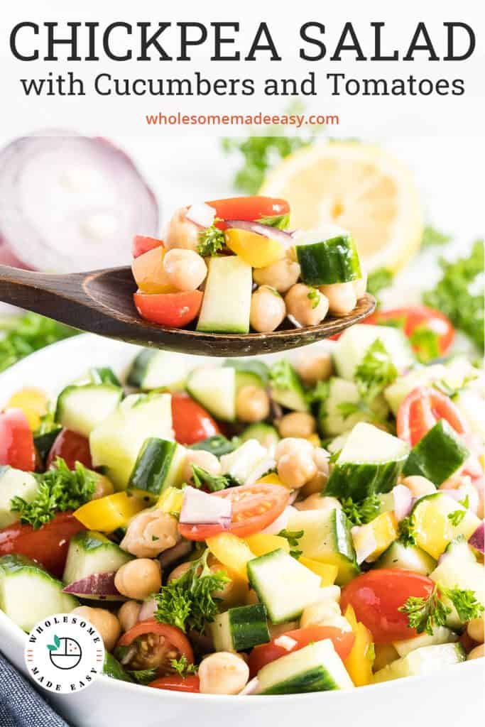 A spoon scoops Chickpea Salad from a white bowl with text overlay.