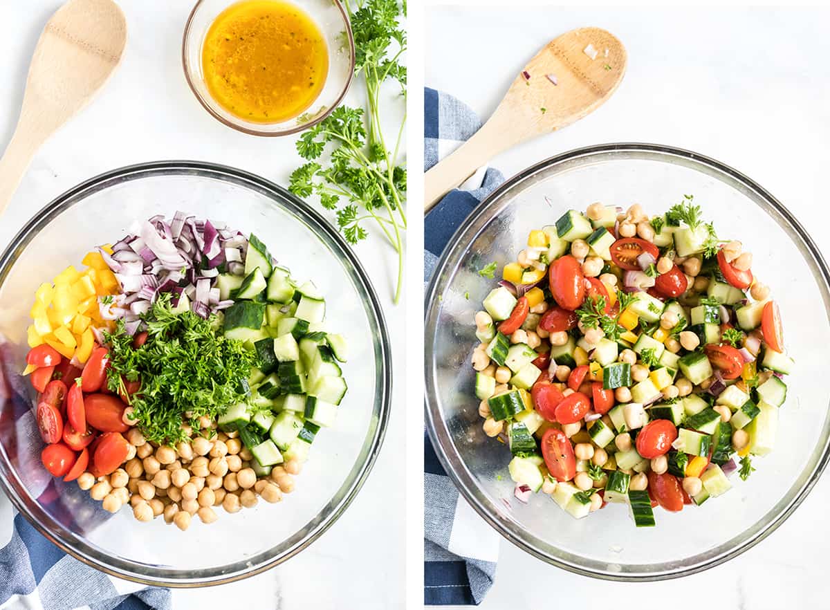 All the ingredients for Chickpea Salad are combined in a glass bowl.