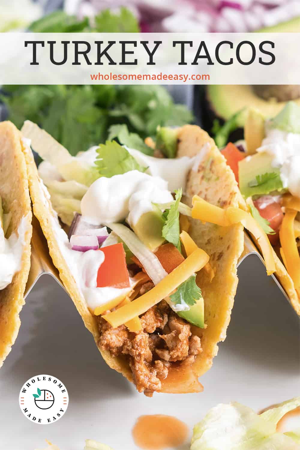 A closeup of a Turkey Taco with toppings with text overlay.