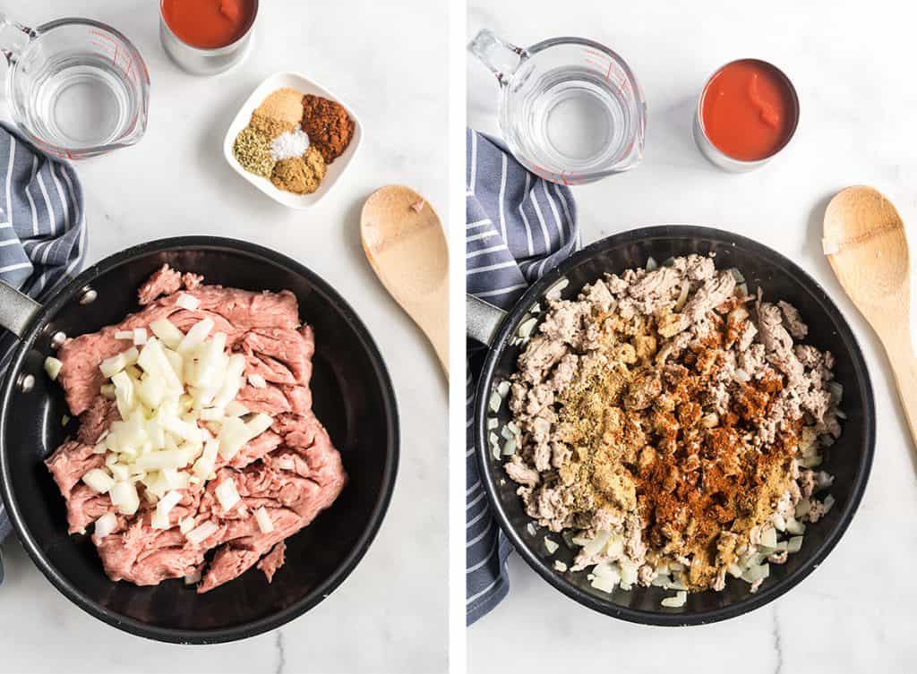 Ground turkey and onion in a skillet and spices added to the cooked ground turkey.