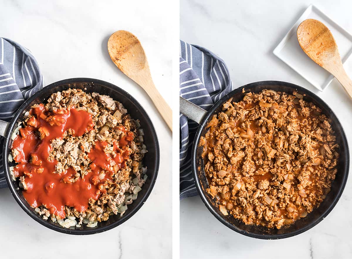 Tomato sauce is added to the cooked ground turkey in the skillet.