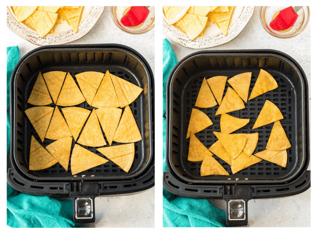 Corn tortilla triangles being before and after being cooked on the air fryer tray.