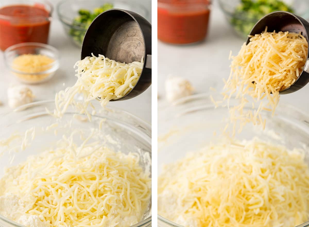 Shredded mozzarella and Parmesan cheese are added to the ricotta in the bowl.