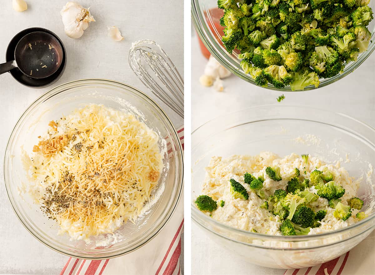 Garlic salt, basil, and broccoli are added to the filling mixture.