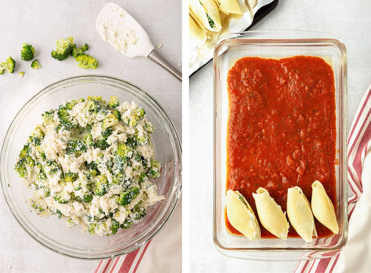 The broccoli cheese filling in a glass bowl and dish with marinara and stuffed shells.