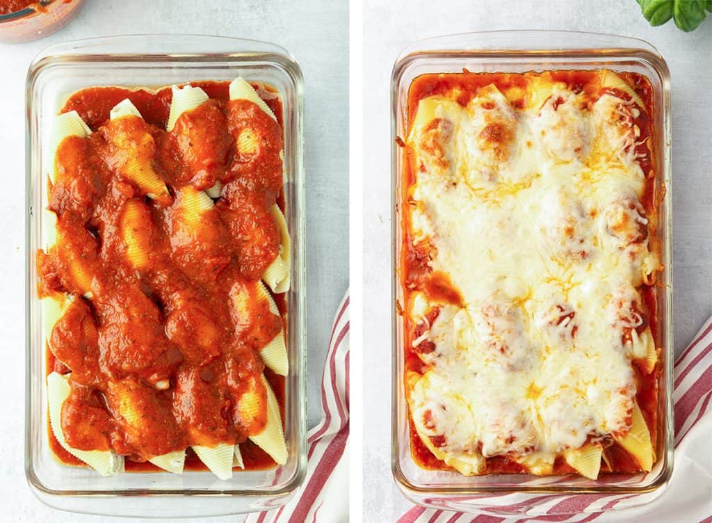 A casserole dish filled with stuffed shells topped with marinara and melted cheese.