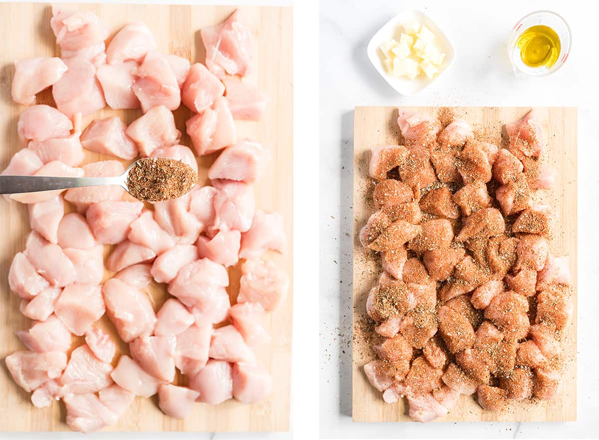 Chopped chicken is tossed with seasoning.
