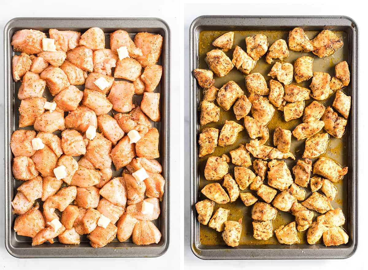 Seasoned pieces of chicken on a baking sheet topped with small pats of butter and after they come out of the oven.