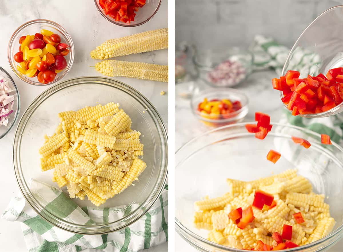 Fresh corn is sliced off the cobb and combined with diced red bell pepper in a glass bowl.