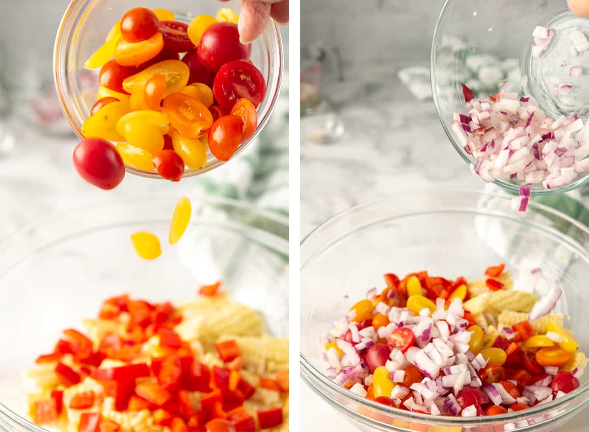 Cherry tomatoes and diced red onion are added to the corn salad.
