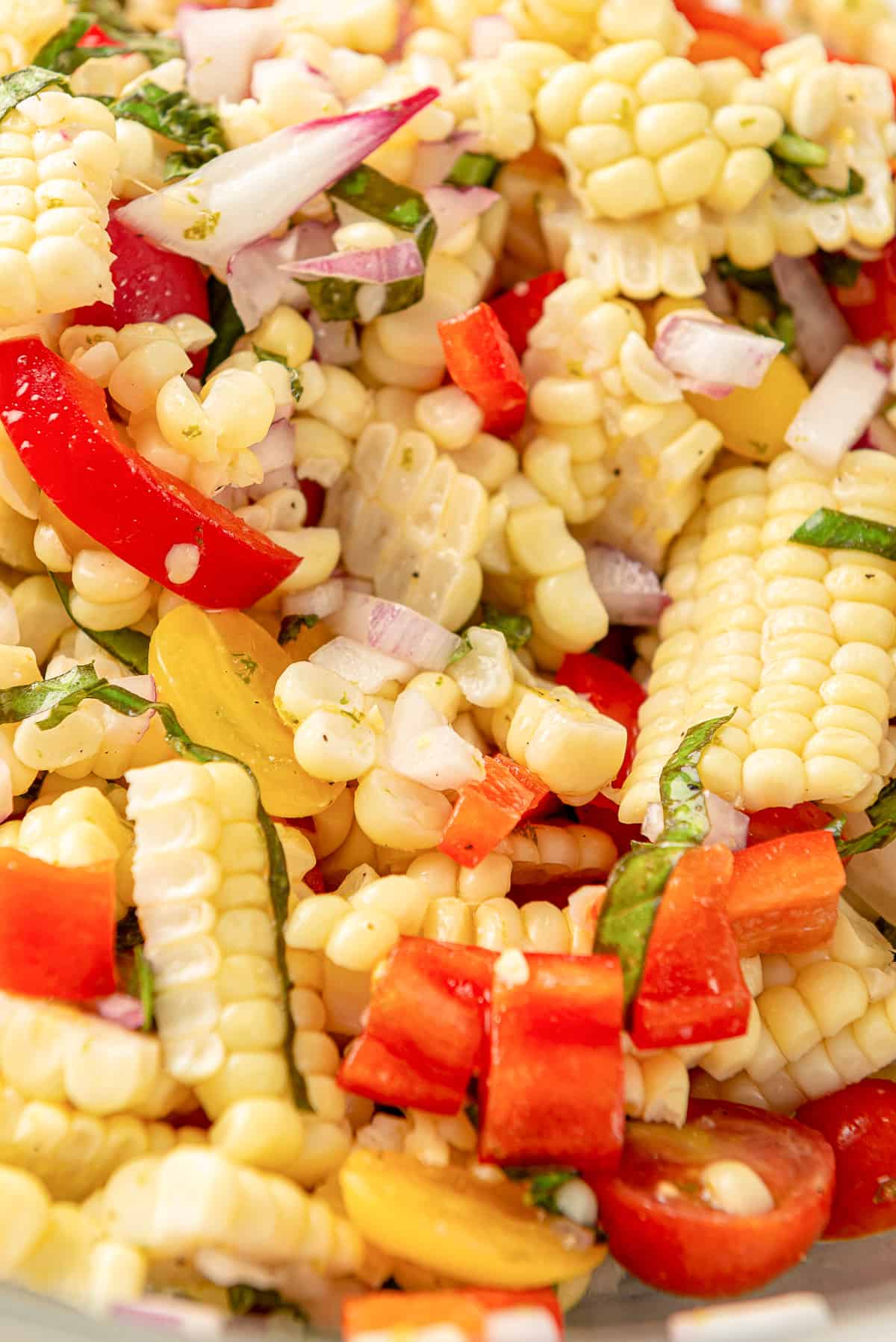  A close up of the corn salad recipe ingredients.