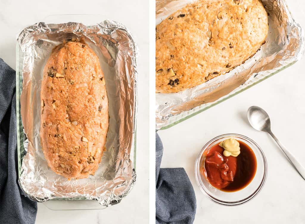 Uncooked meatloaf in a foil lined dish and a small bowl filled with glaze ingredients.