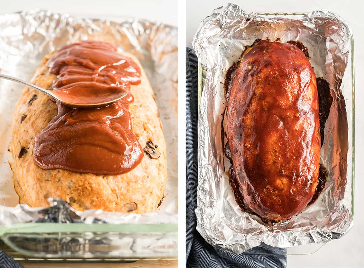Glaze is spooned over a meatloaf and then it is baked in a foil lined dish.
