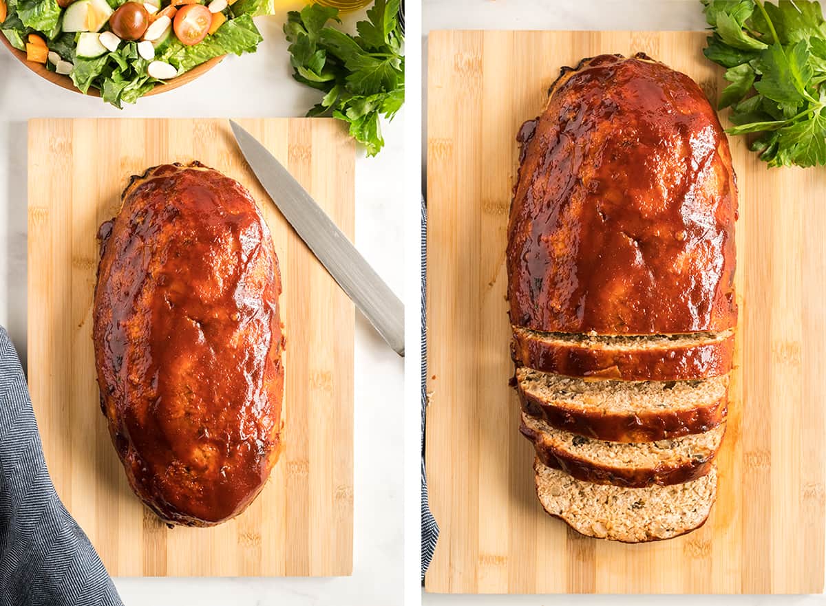 A glazed turkey meatloaf on a cutting board being sliced.