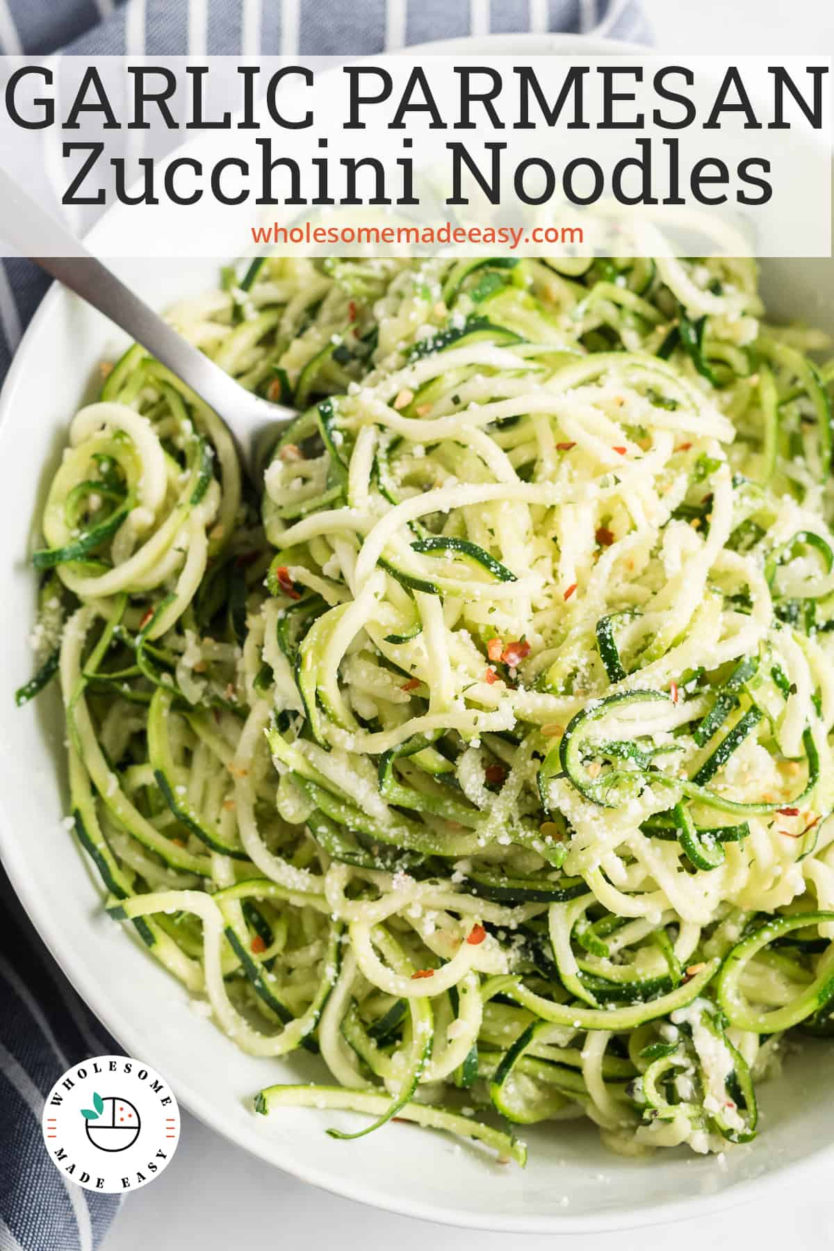 A white bowl filled with zucchini noodles and a spoon with text overlay.