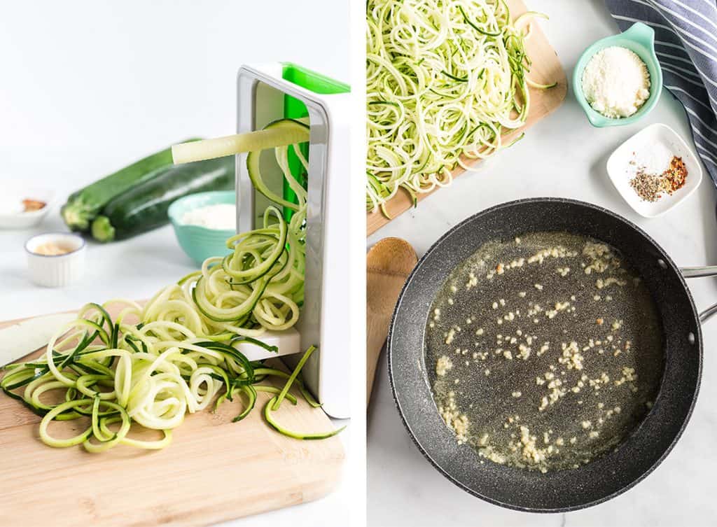 A spiralizer and zucchini noodles and a skillet with melted butter and garlic.