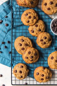 paleo chocolate chip cookies with a blue napkin