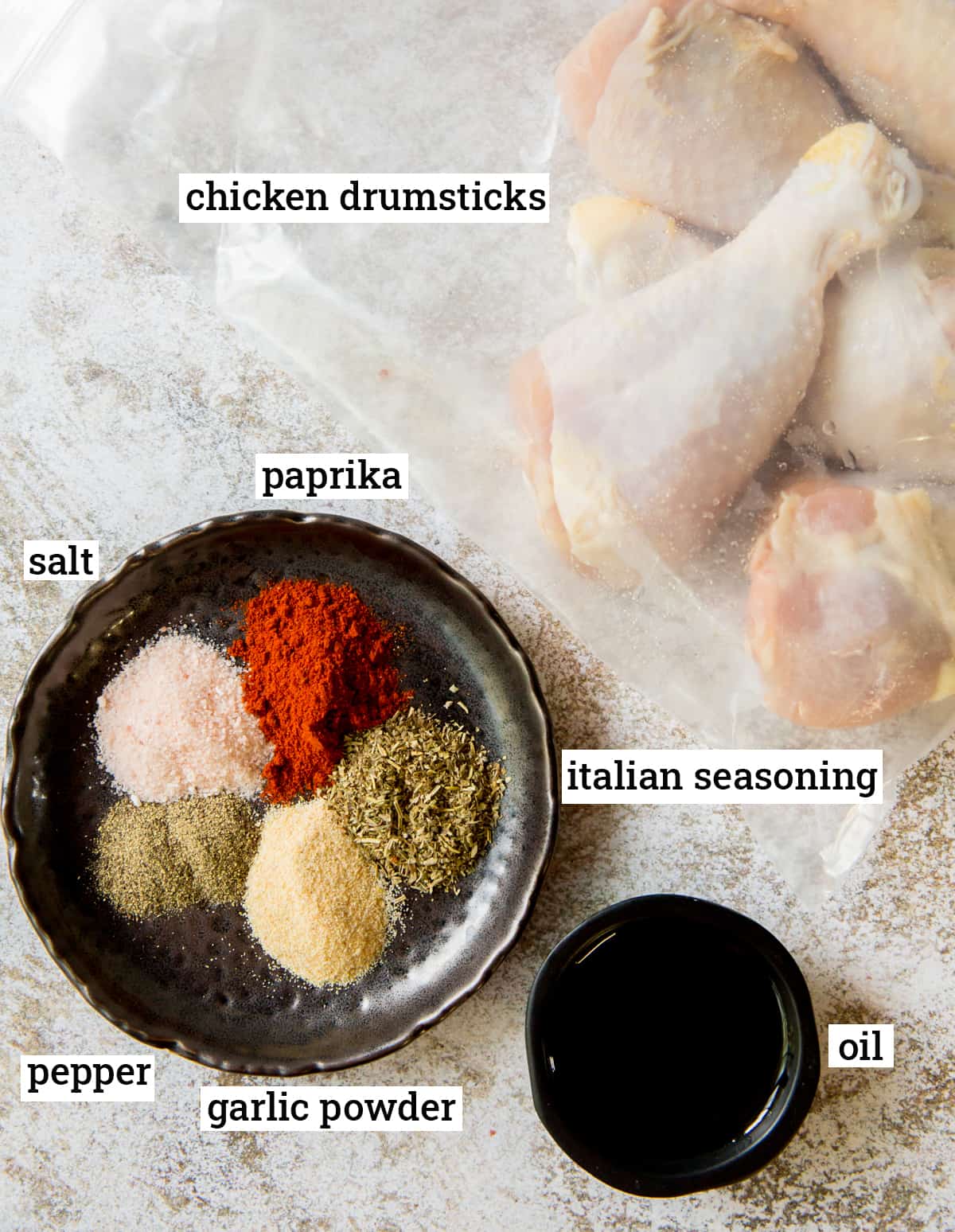 The ingredients for Air Fryer Chicken Drumsticks with text overlay.