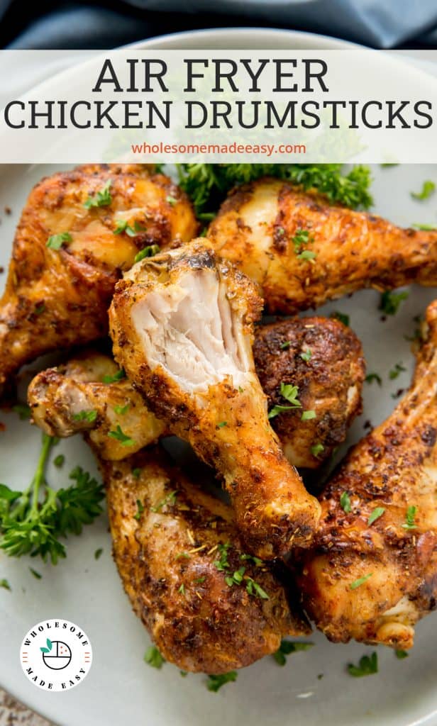A chicken drumstick with a bite missing with text overlay.