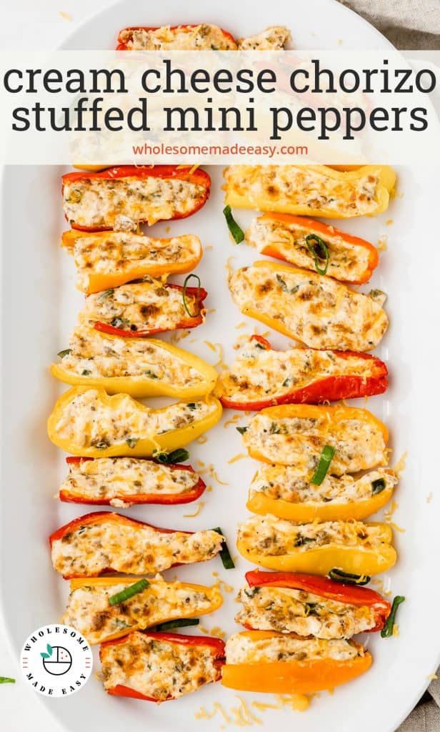 A platter of cream cheese chorizo stuffed mini peppers with text overlay.