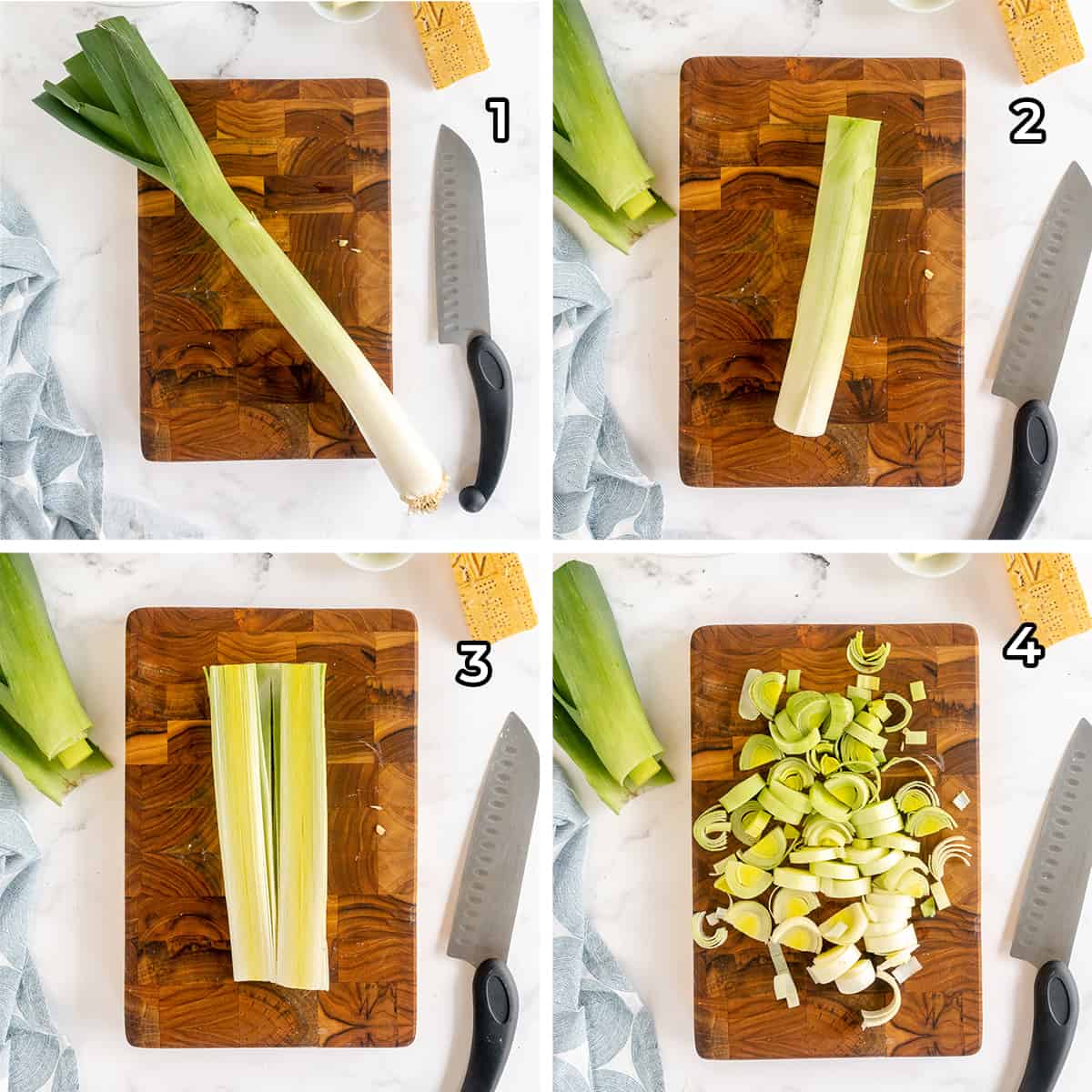 A leek sliced lengthwise and then sliced into pieces.