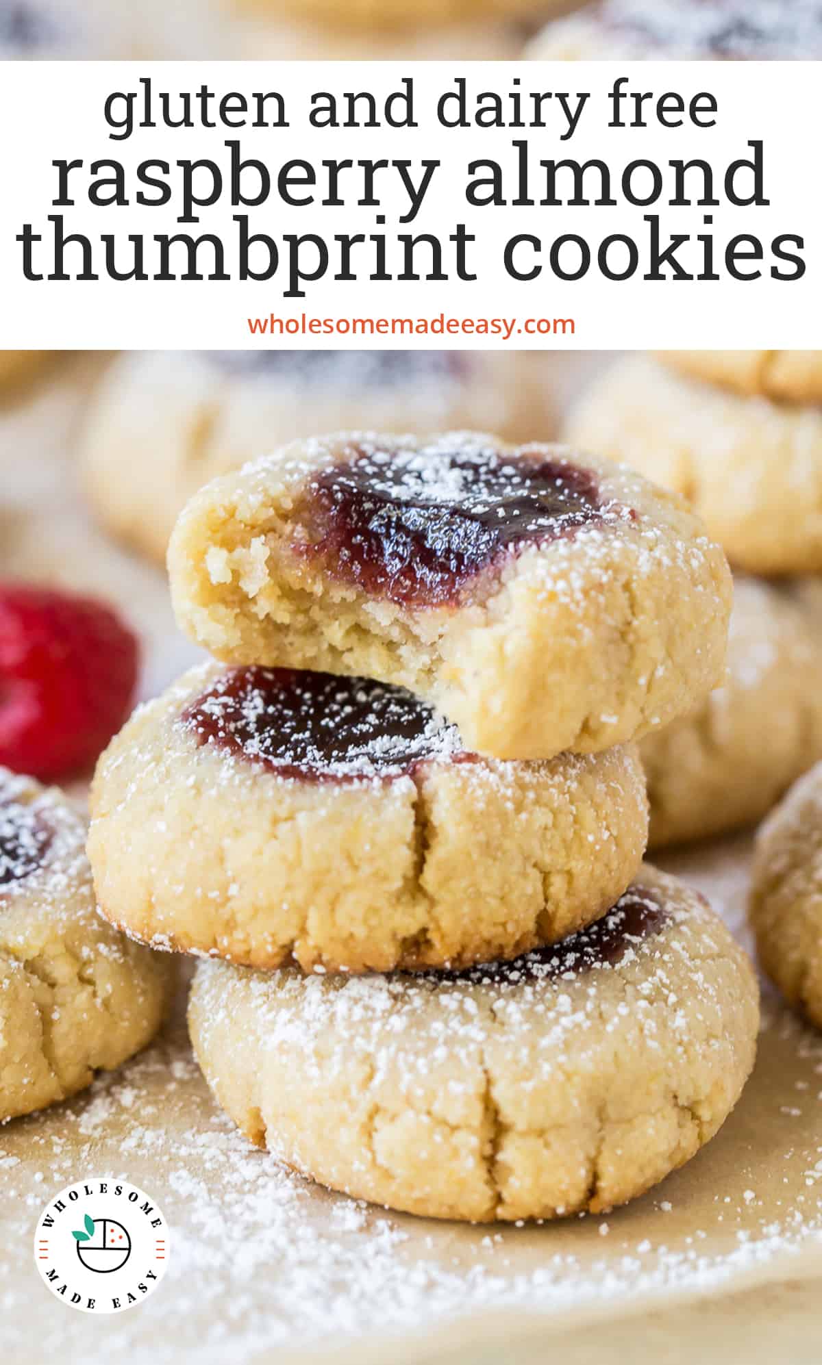 A stack of Raspberry Almond Thumbprint Cookies with text overlay.