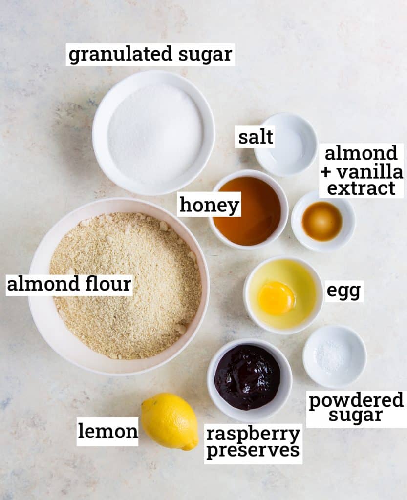 All the ingredients needed to make Raspberry Almond Thumbprints.