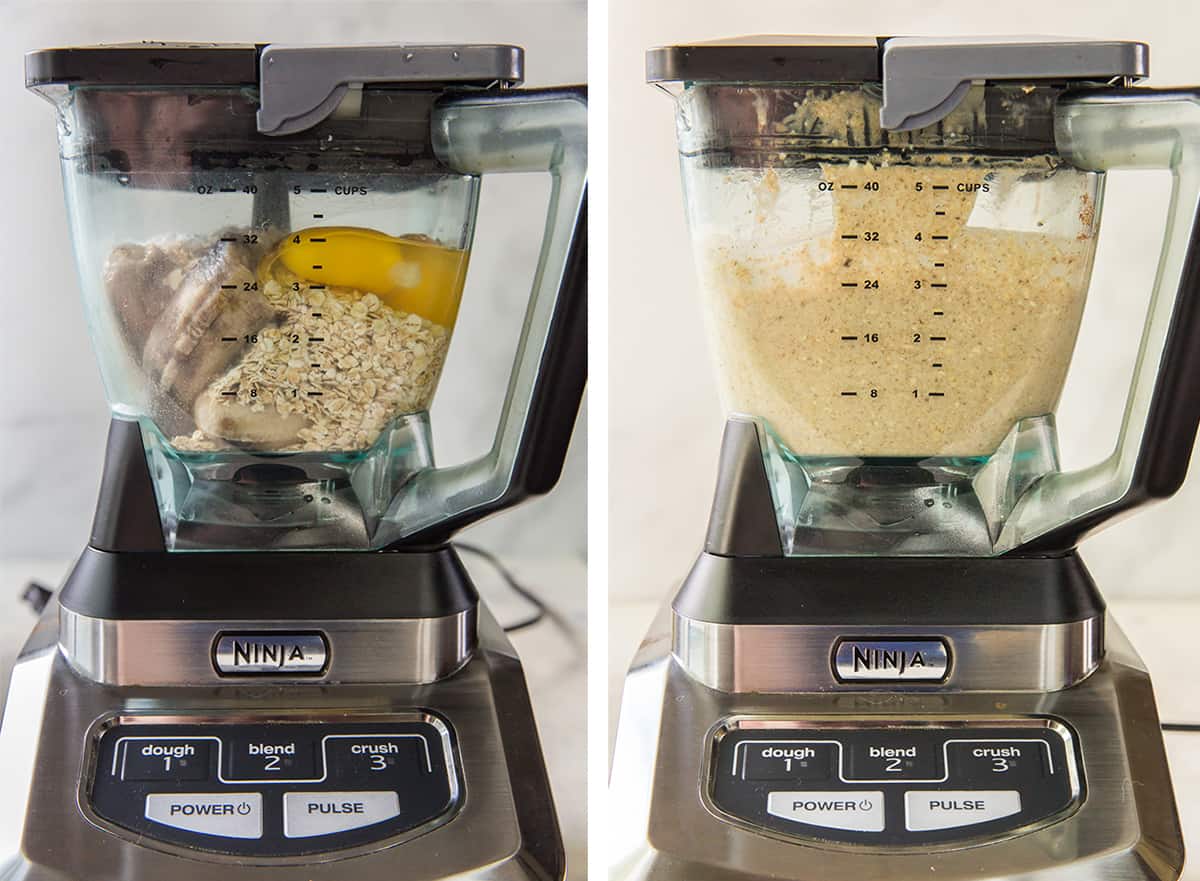 Two images of a blender processing oats, bananas, and other pancake ingredients.