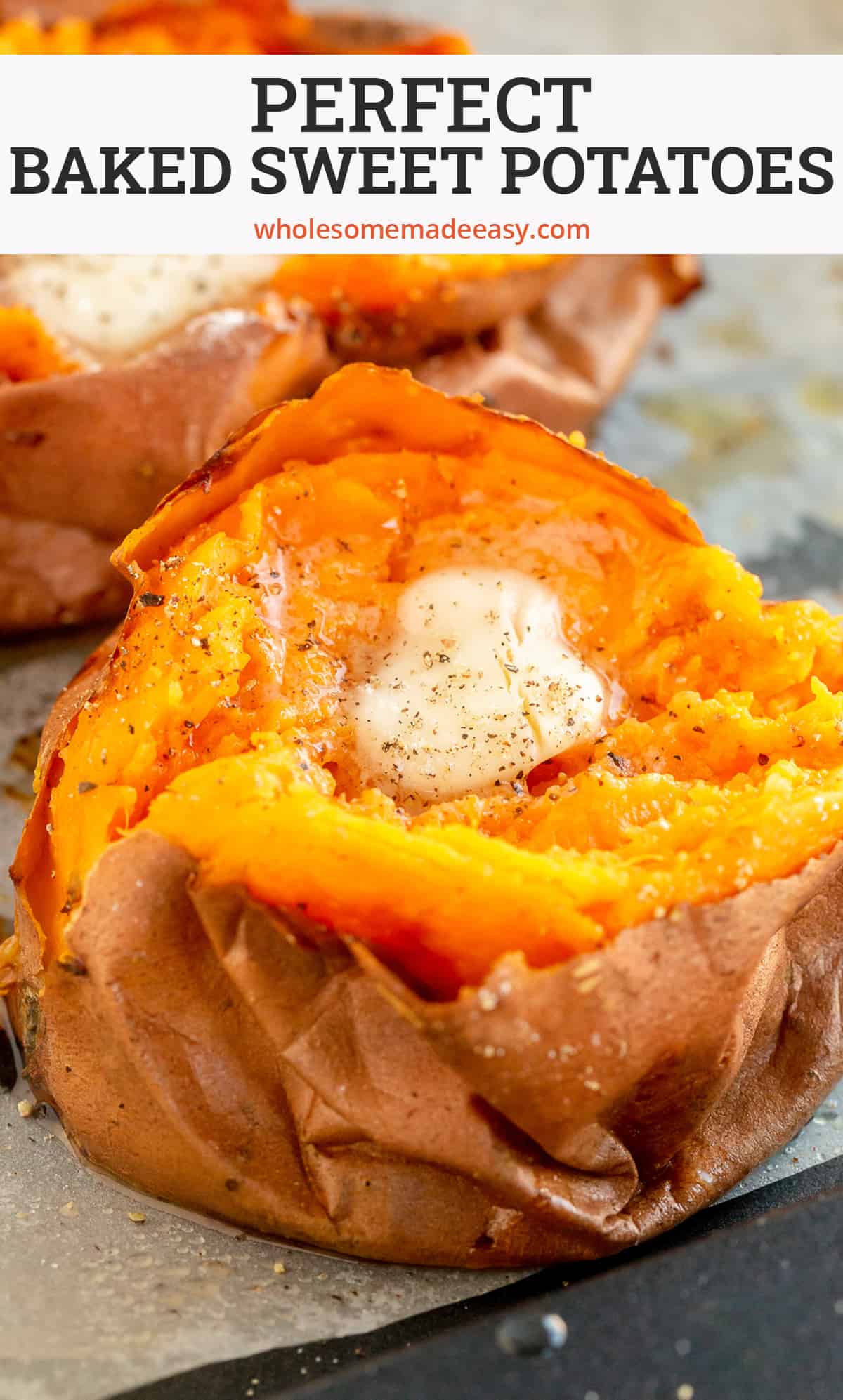 A close up of a baked sweet potato split open and topped with butter with text overlay.