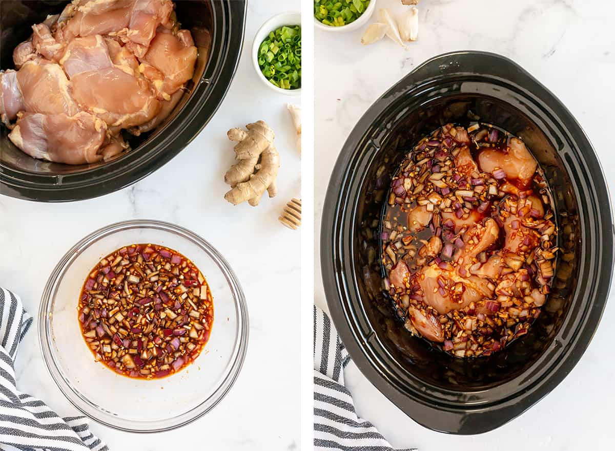 Sauce is poured over chicken thighs in a slow cooker.