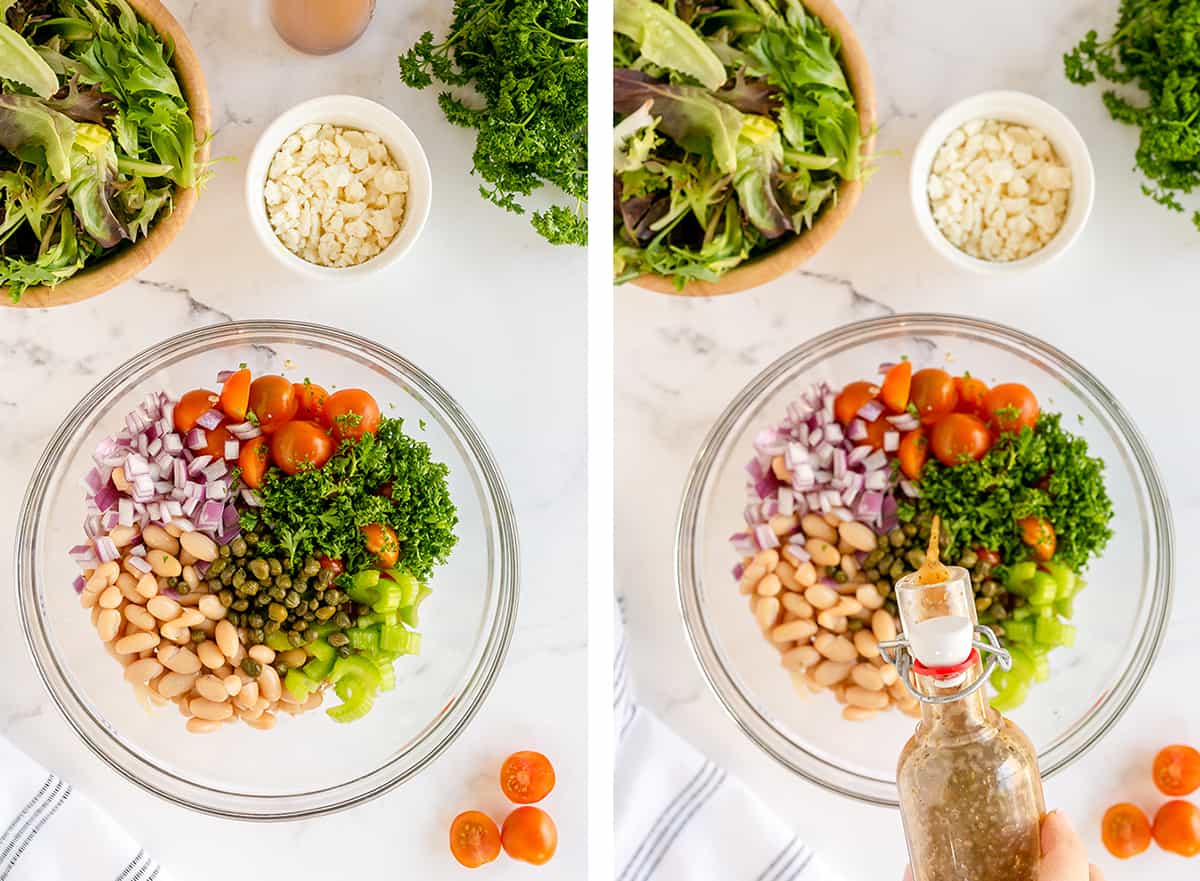 Two images of salad ingredients in a bowl.