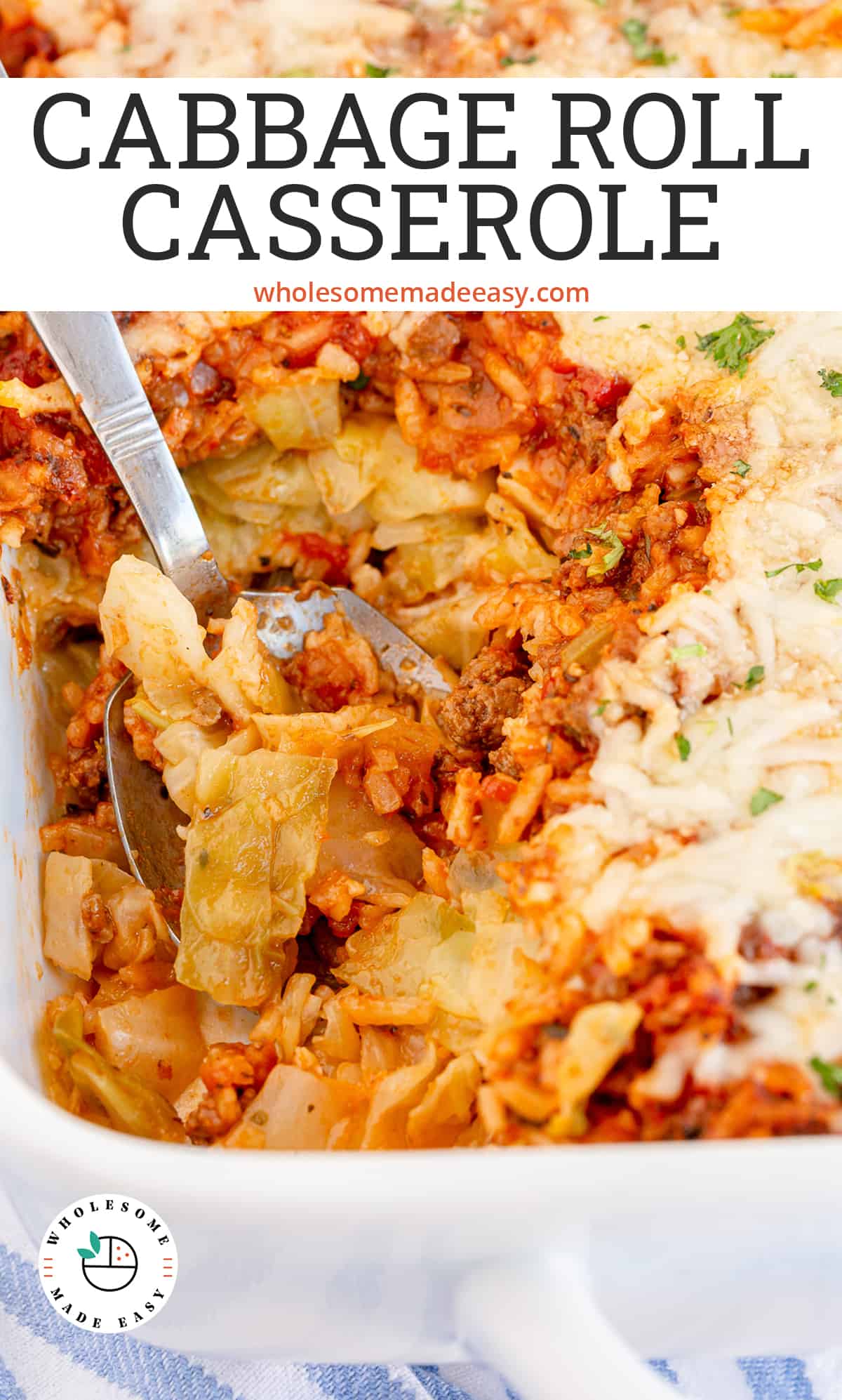 A spoon digs into a casserole with cabbage with text overlay.