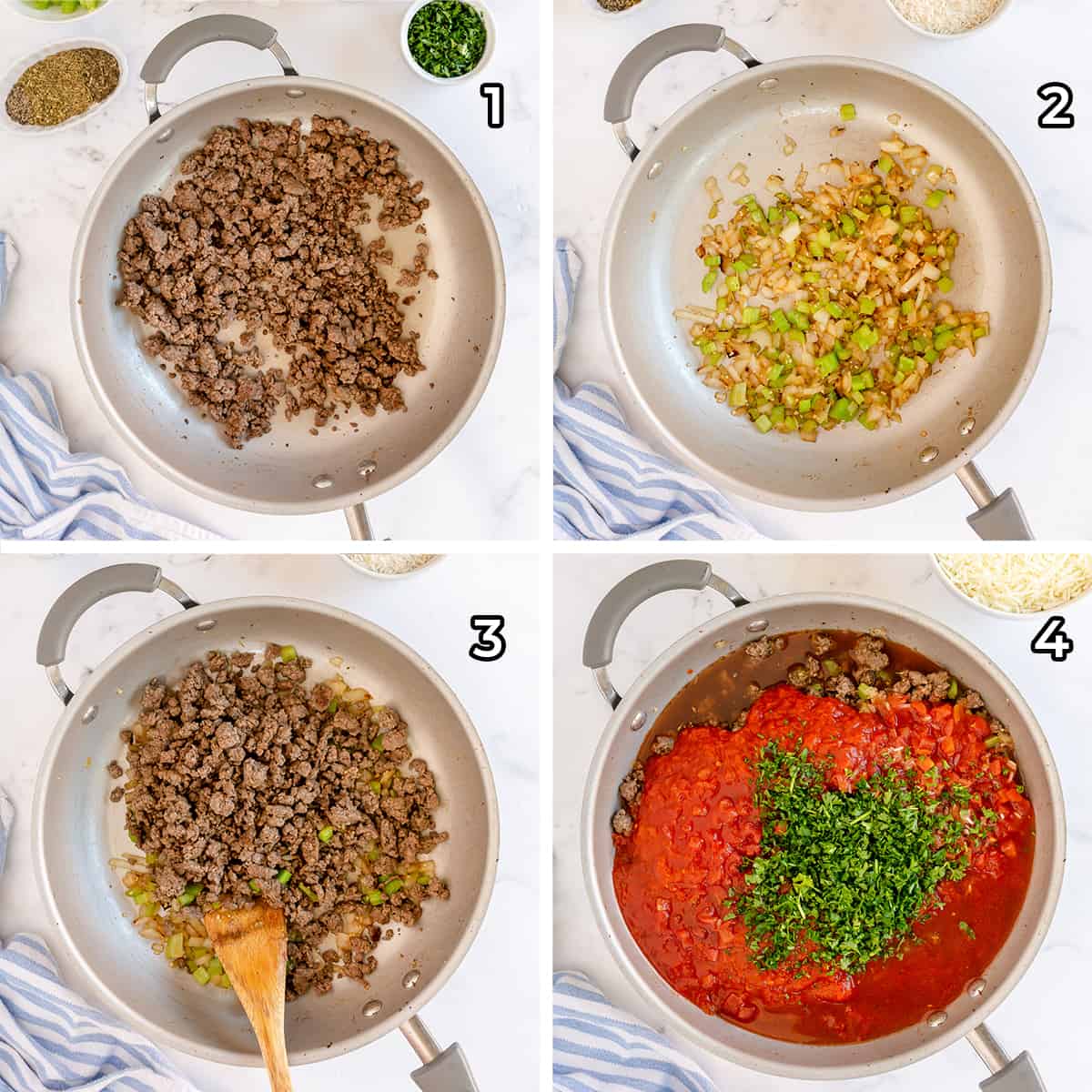 Ground beef is cooked in a skillet with onion, celery, and marinara.