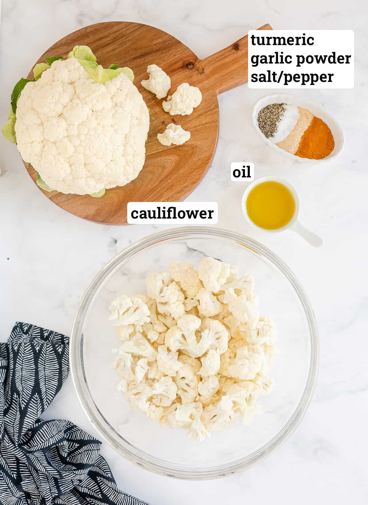 The ingredients for Turmeric Roasted Cauliflower with text overlay.