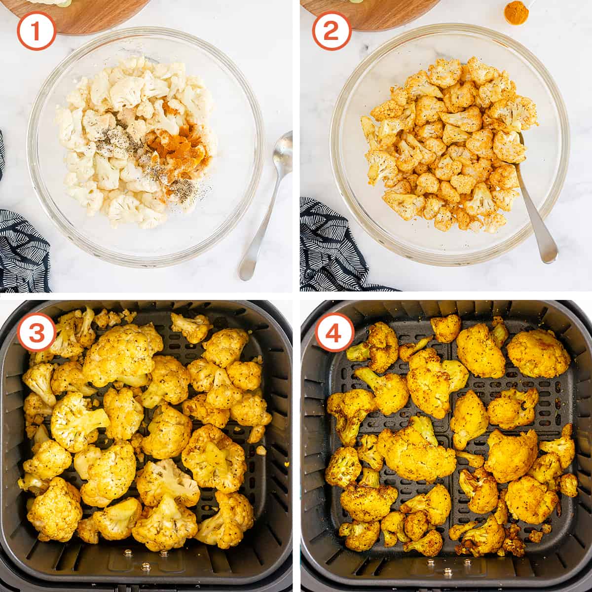 Cauliflower is combined with turmeric in a bowl and roasted in an air fryer.