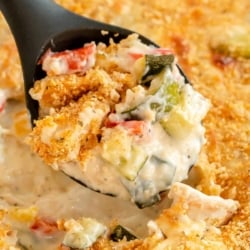 A serving spoon scoops up Chicken and Zucchini Casserole.