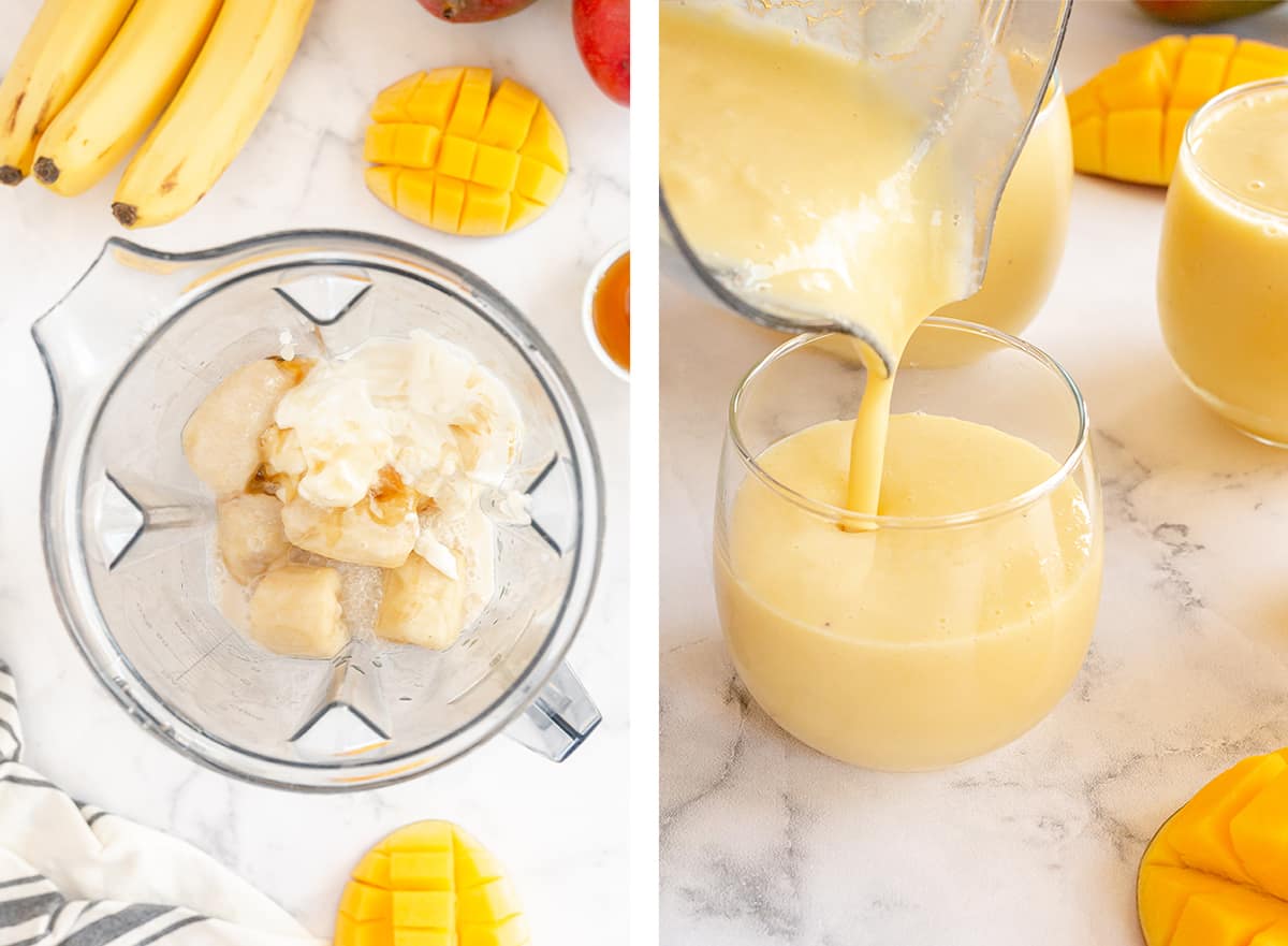 Mango smoothie ingredients in a blender and being poured into a glass.