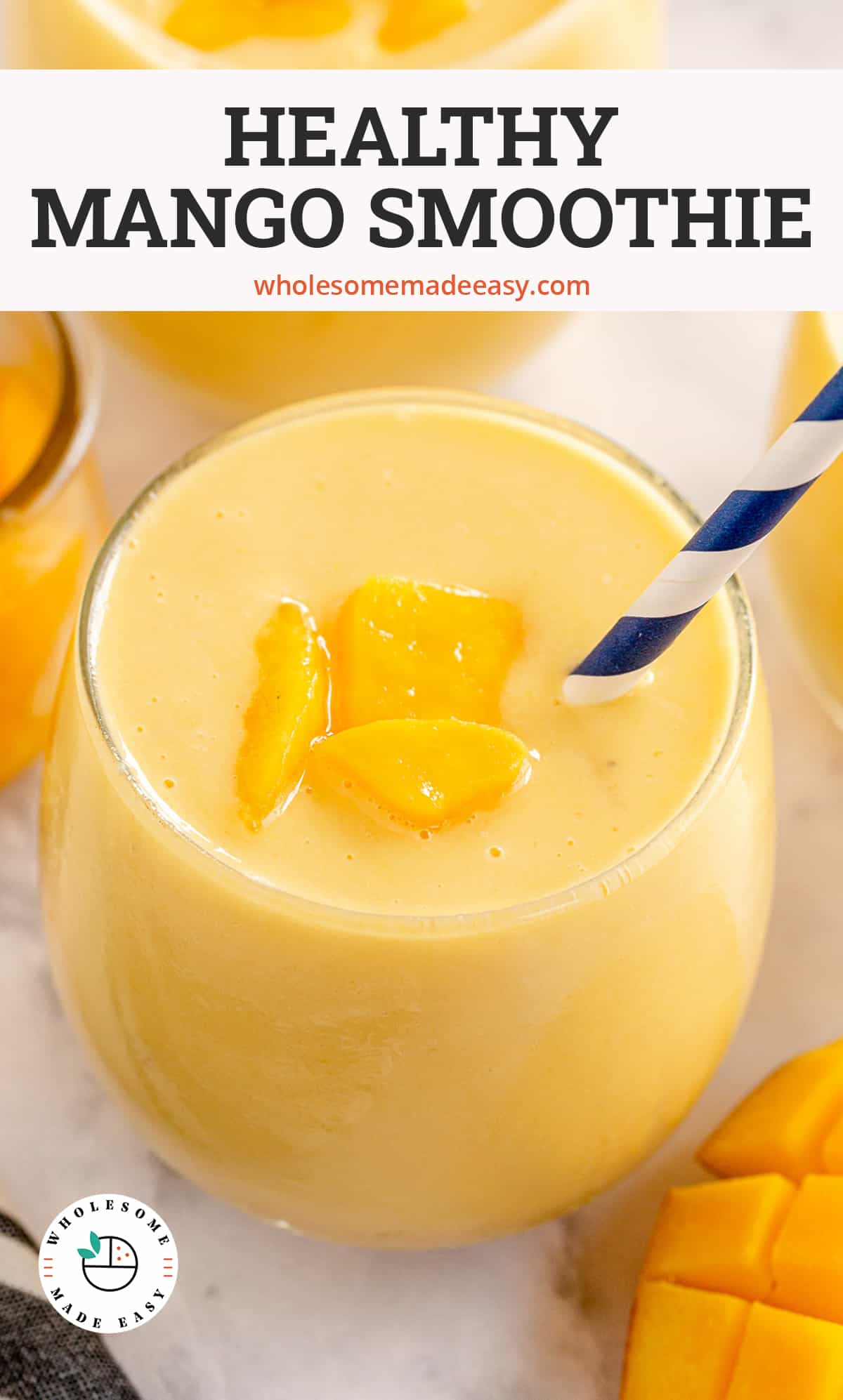 An angled over the top shot of a mango smoothie with a blue straw with text overlay.