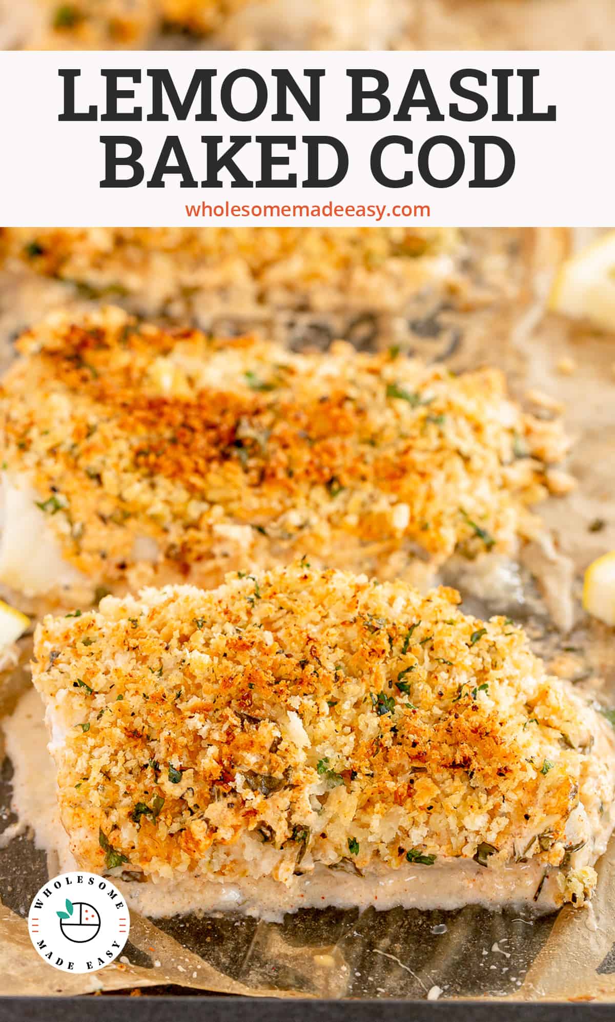 Lemon Basil Baked Cod fillets on a baking sheet with text overlay.