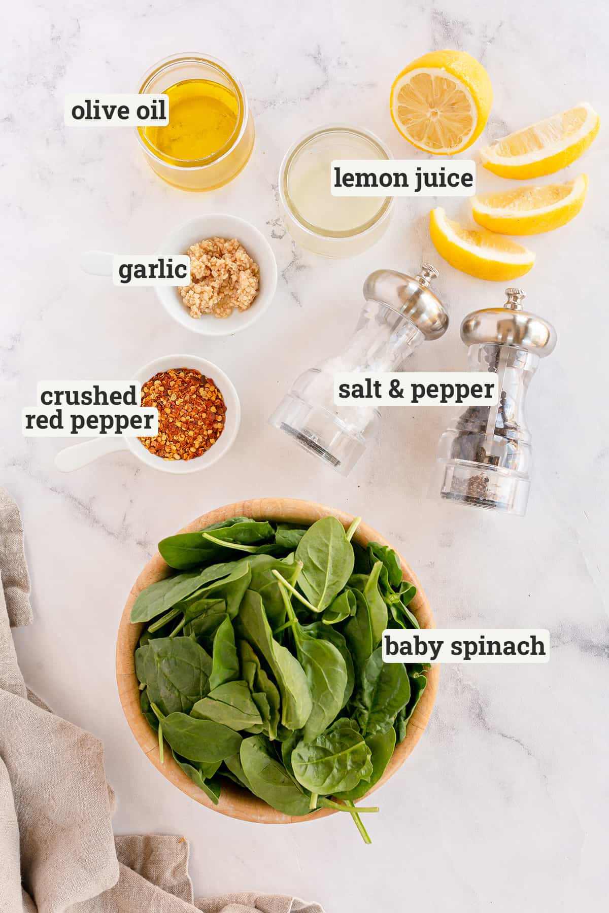 The ingredients for Sauteed Spinach with text overlay.