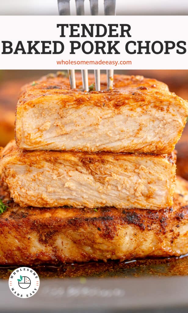 A fork presses into a stack of pork chops with overlay text.