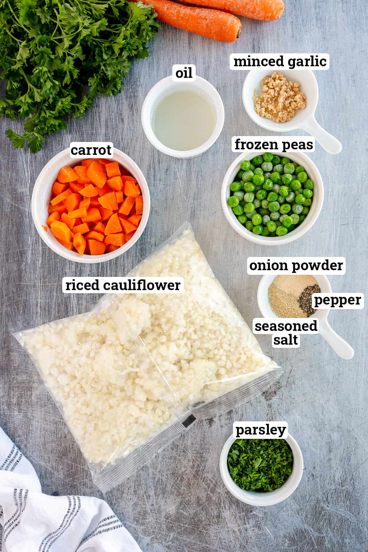 The ingredients for Cauliflower Rice Pilaf with overlay text.