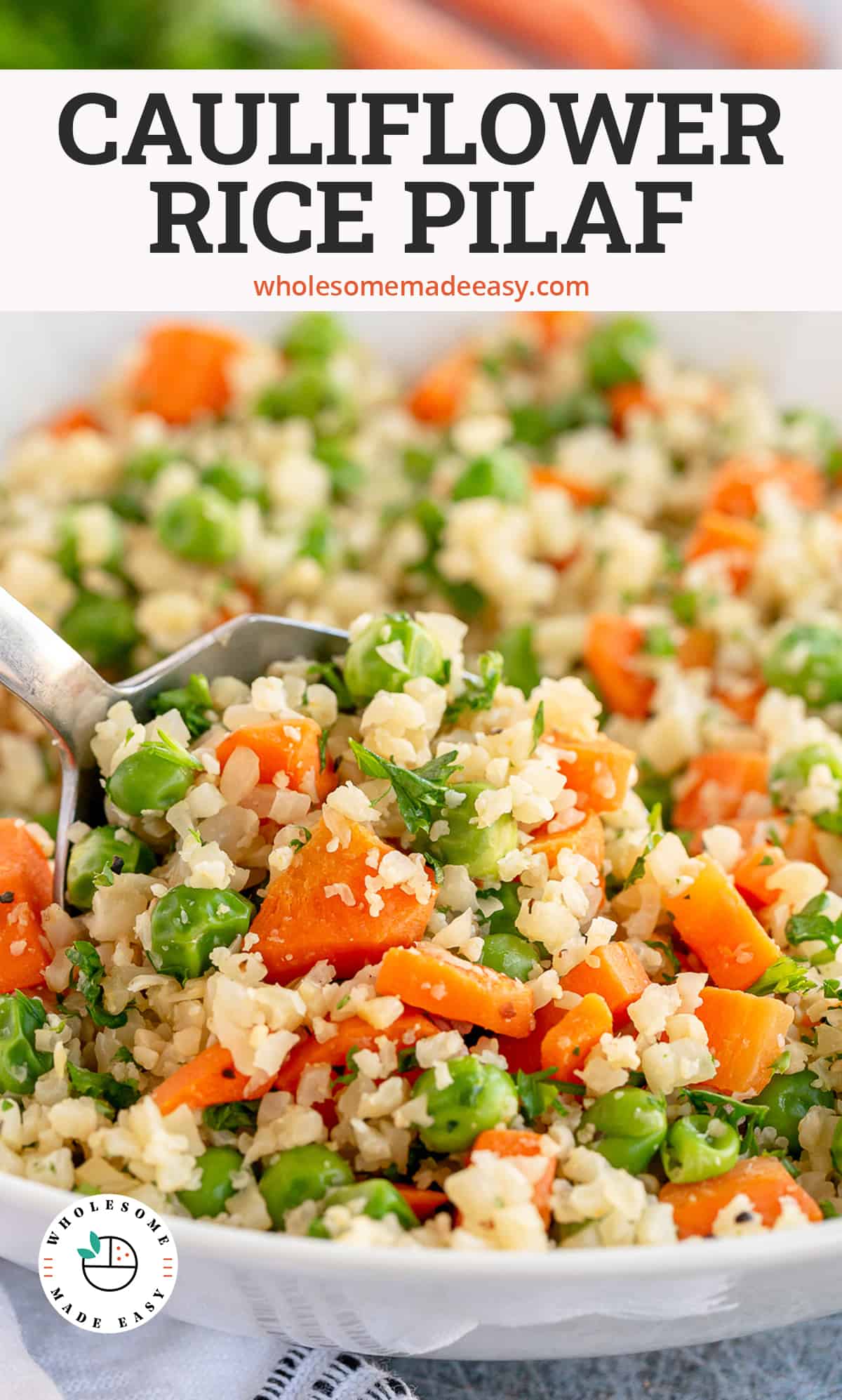 A close up of a spoon scooping Cauliflower Rice Pilaf with overlay text.