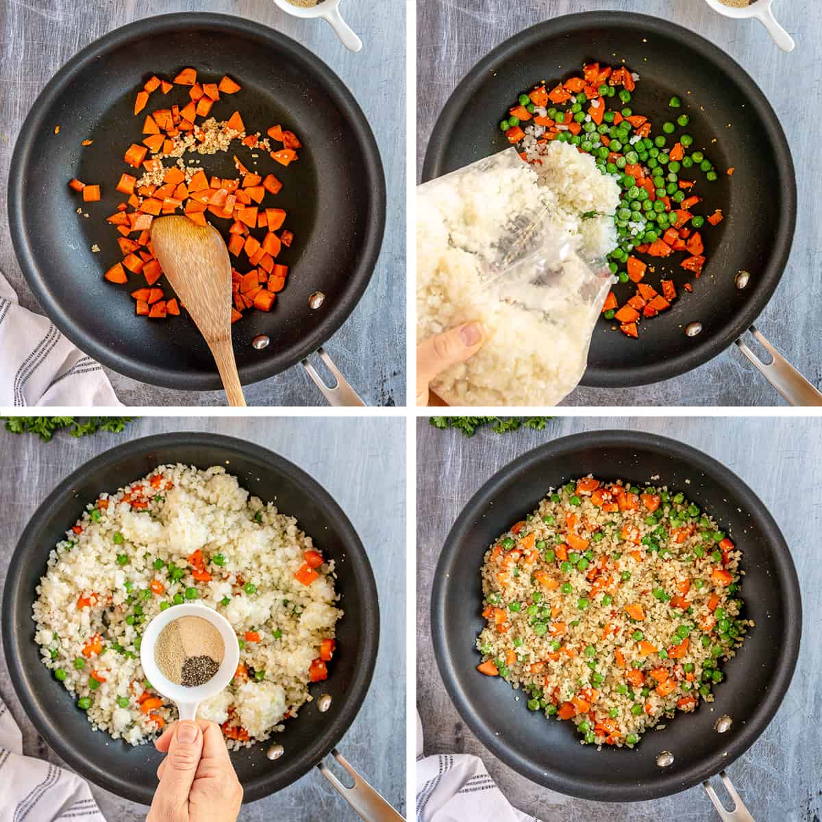 Ingredients combined in a skillet to make Cauliflower Rice Pilaf.