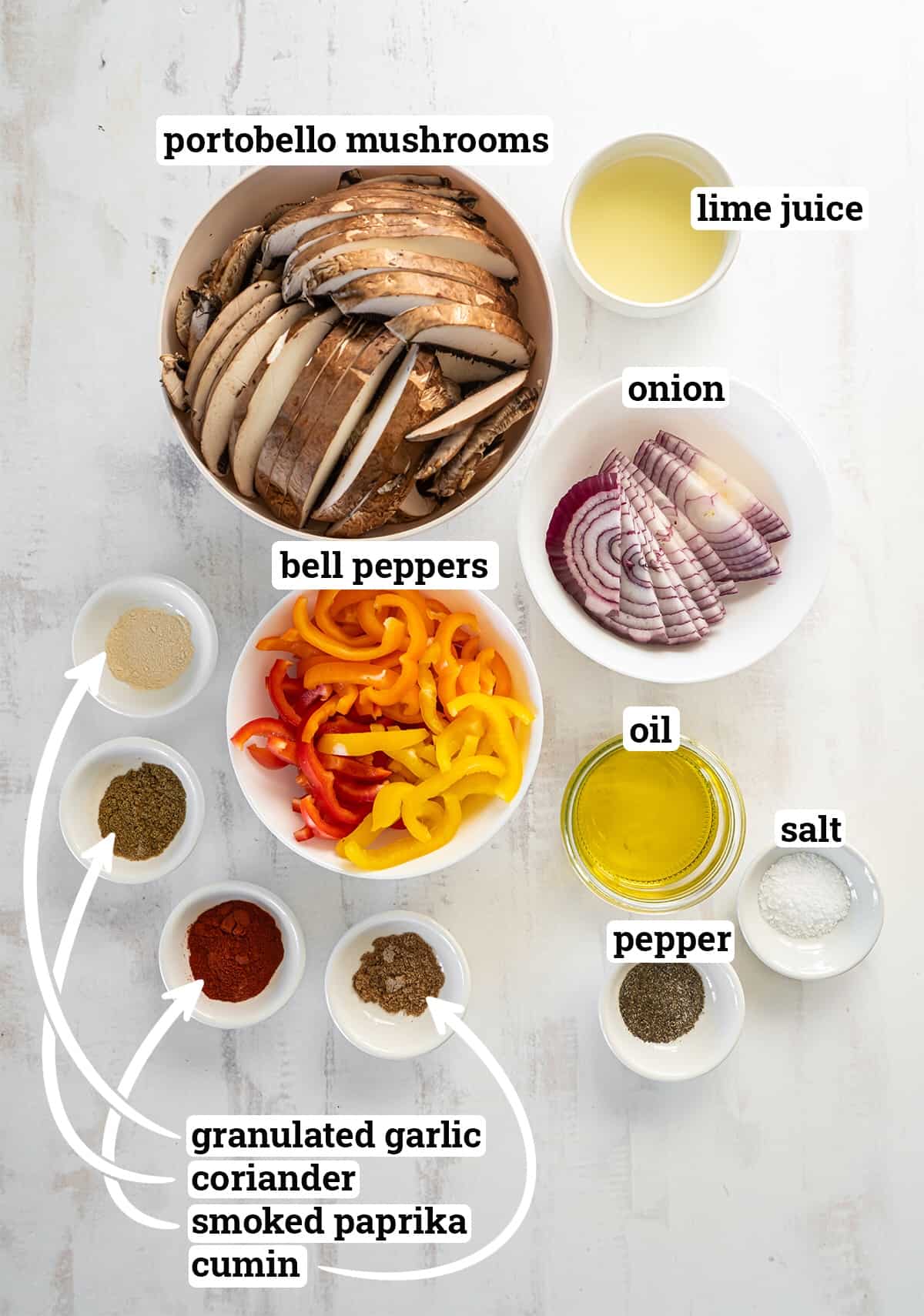 Ingredients for Portobello Mushroom Fajitas and marinade.