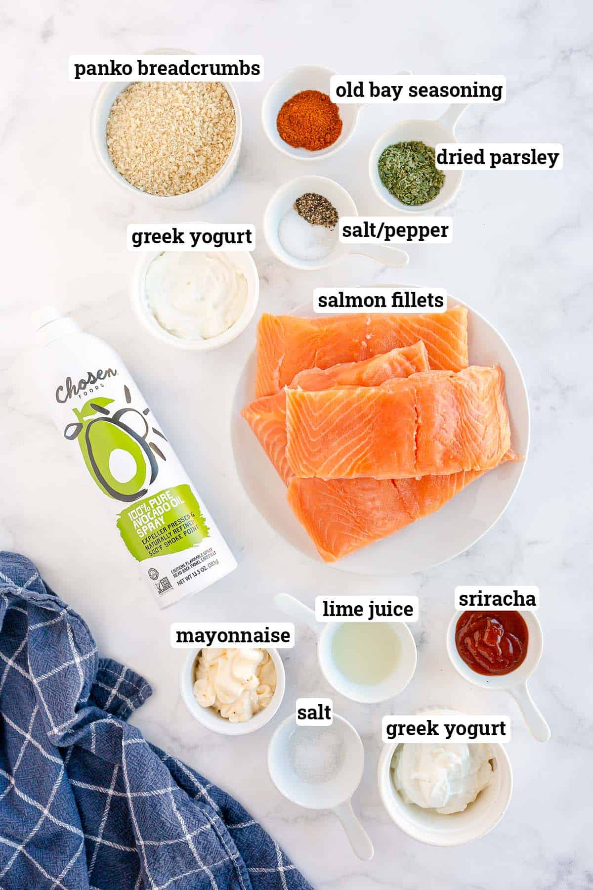 Ingredients for air fryer salmon sandwiches with overlay text.