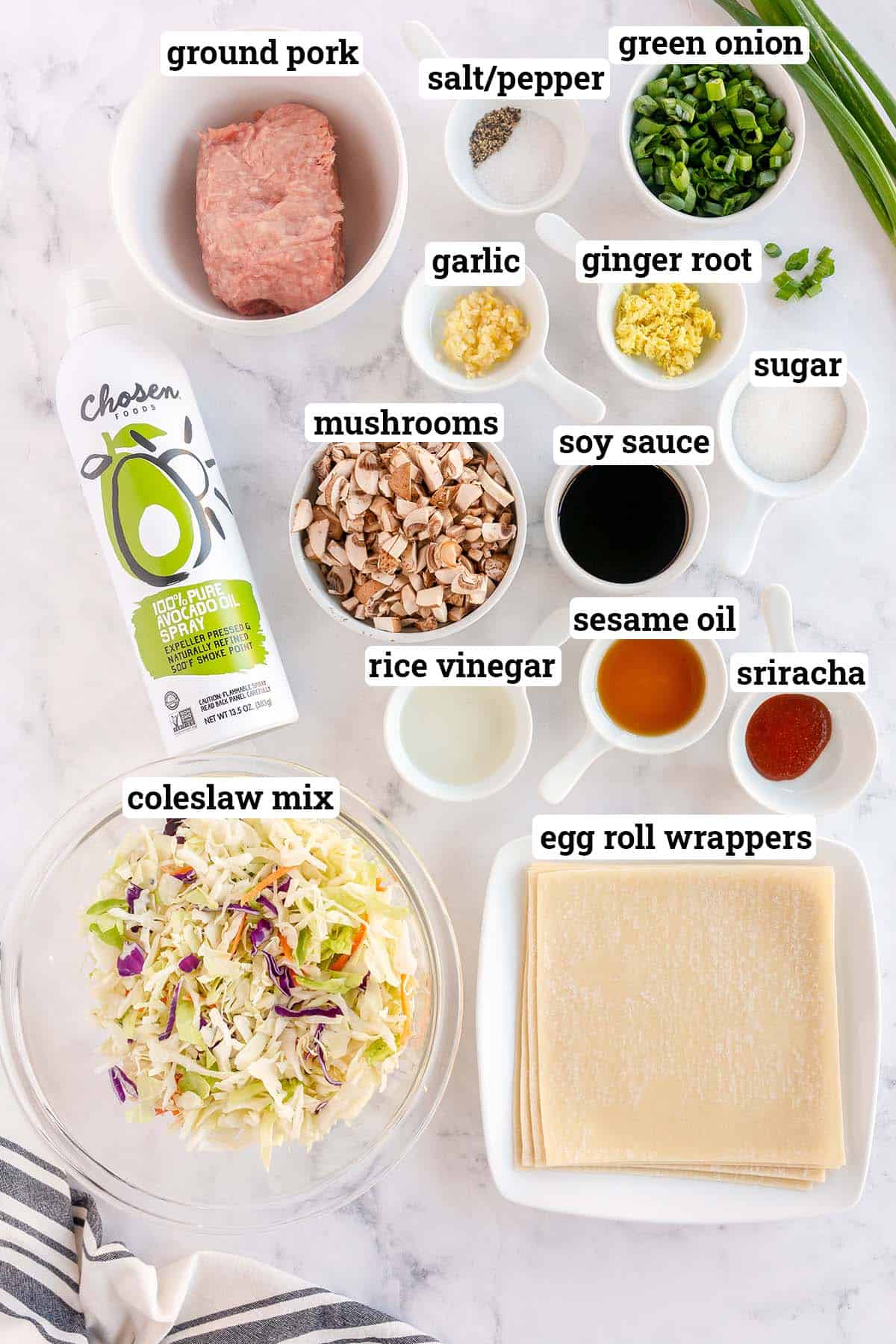 The ingredients to make Air Fryer Egg Rolls with overlay text.
