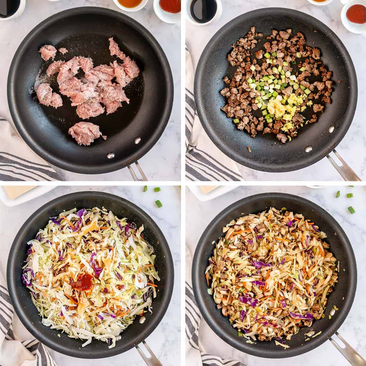 Ground pork and coleslaw mix is made into egg roll filling in a skillet.
